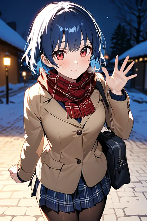 1 girl, masterpiece,  high resolution, Short-haired high school girl with blue hair and red eyes, A high school girl walking home on a chilly winter night in a quiet residential neighborhood. She is wearing a cozy winter school uniform consisting of a navy...