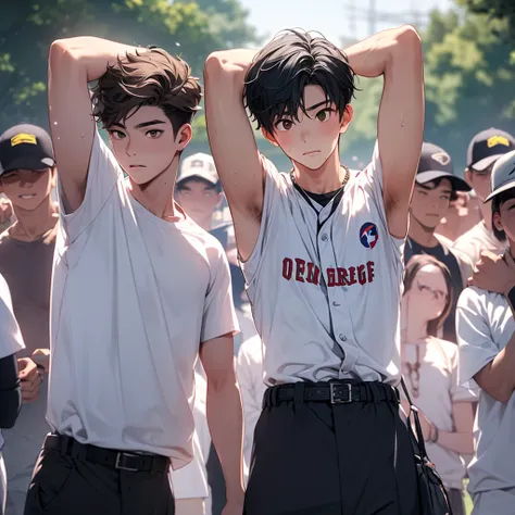 Two boys from the Korean Boys' High School Baseball Club hold their arms above their heads and show me their sweaty underarm hair ( embarrassed expression with the skirt peeled off)