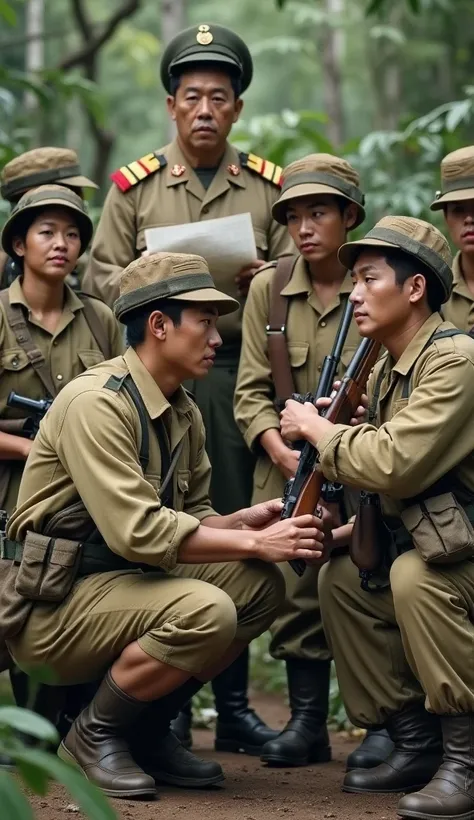 A group of Japanese soldiers preparing for battle, showcasing their full commitment. The soldiers are clad in the standard khaki-colored uniform of the Imperial Japanese Army, with some wearing the "Type 90" field cap, which is slightly rounded with a smal...