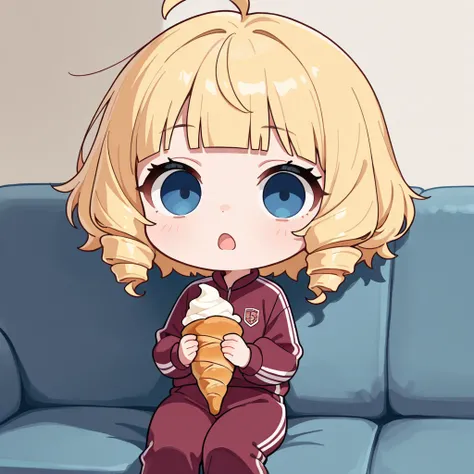 Chibi Character, looking at viewer, Solo, a girl, blonde, short hair, ahoge, drill hair, blunt bangs, blank stare, blue eyes, slant eyes, narrow eyes, open mouth, holding a Fresh cream Cornet, wearing a maroon sportswear, maroon sportswear long pants, on c...