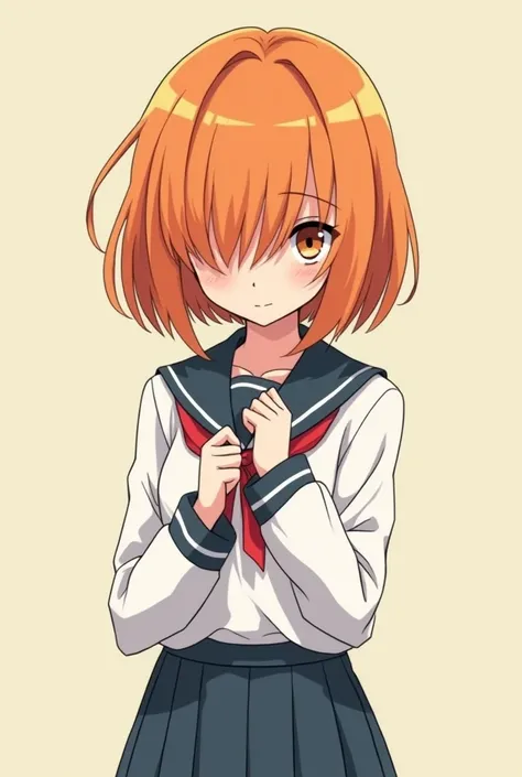 A college girl with a cute orange bob cut that almost completely covered her eyes. She was a little shy, fidgeting nervously with the hem of her uniform. Full body. Anime