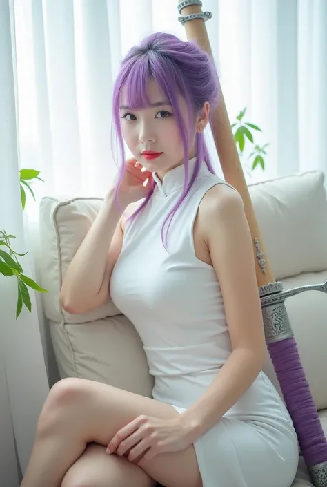 ＡJapanese woman with a very beautiful beauty like an actress
Amid a brightly lit, white-toned setting—where a large window or illuminated backdrop casts a gentle glow—sits a young woman with vivid purple hair. The room’s décor and color palette are reminis...