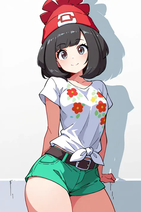 masterpiece, best quality, medium breasts, BREAK, zzSelene, 1girl, solo, black hair, green shorts, red headwear, beanie, shirt, tied shirt, floral print, short hair, short sleeves, short shorts, striped, white shirt, belt, smile, looking at viewer, cowboy ...