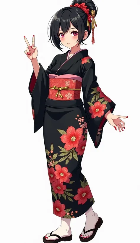  Japanese anime adolescent woman with black hair similar to a Shimada or a geisha style , with her hair tied in a high bun and adorned with gold and red accessories . and intense magenta eyes and red nails and wears a black yukata bright flowers and with t...