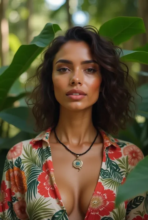  A Brazilian woman in a lush tropical garden,  wearing an open shirt with floral print ,  with a close up capturing the harmonious beauty between your breasts and natural flowers,  showing her natural charm and outgoing personality.