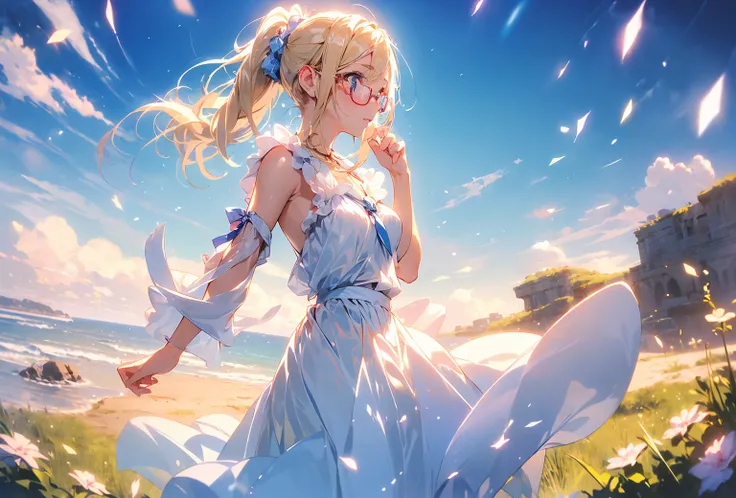 16k、masterpiece、 high definition、 high resolution、(( young woman))、(( beautiful white skin))、((Beautiful blonde))、 ponytail、(( kissed by her beautiful blue eyes ))、pink dancer clothes、 Compa、 moon、 red glasses、Cheerful pose、solo、Alone