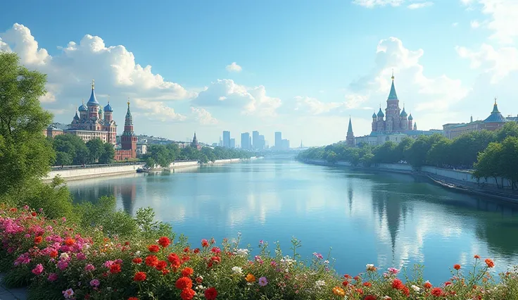 in a beautiful view of Moscow in a huge water and lake also stuning flower and amazing view