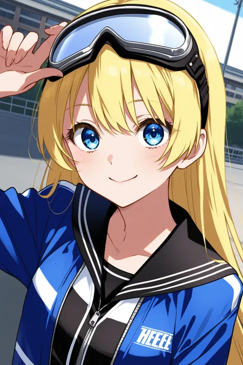  One Girl、 the royal family、 angle from below、 Blonde、 long hair、biker goggles on head、前を開けたwhite and blue jacket、 urban background、 hanging eye、Bad Smile、 black sailor suit、