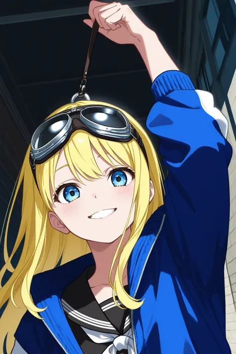  One Girl、 the royal family、 angle from below、 Blonde、 long hair、biker goggles on head、前を開けたwhite and blue jacket、 urban background、 hanging eye、Bad Smile、 black sailor suit、