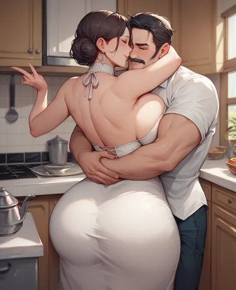 Father, molesting his daughter in the kitchen, hugging her from behind, big breasts, white dress,