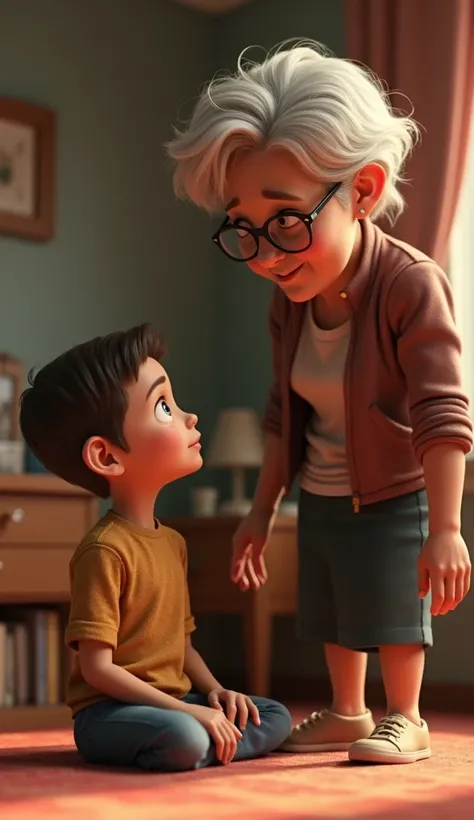 Close-up a old woman standing in the bedroom a beside a boy sitting in the ground 3D animation, wear attractive clothes, good figure,