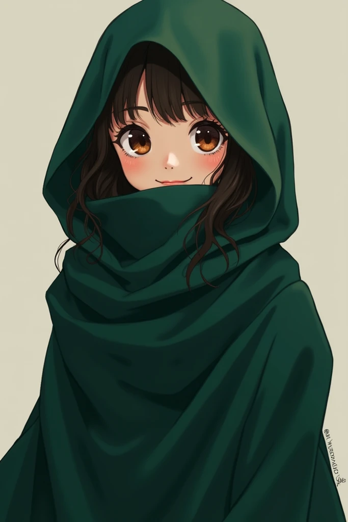 A cute anime short heighted girl wearing dark green  abaya with her face covered and only showing her big brown eyes 