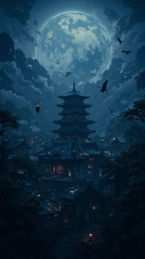  fantastic digital art , detailed,  A dynamic fantasy painting ， gracefully flying over the tiled roof of an ancient Japanese castle ,  quietly leaving ， adorned with subtle swirling clouds and crane patterns .  watching from a dramatic bird's-eye view ,  ...