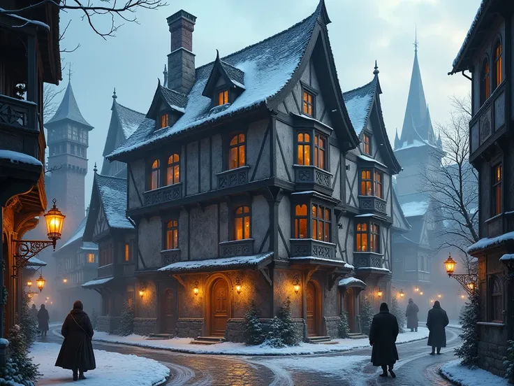 medieval brothel building, medieval metropolis background, medieval people walking around, 8k, masterpiece, medieval winter fantasy atmosphere, medieval appropriate items, image focus on building.