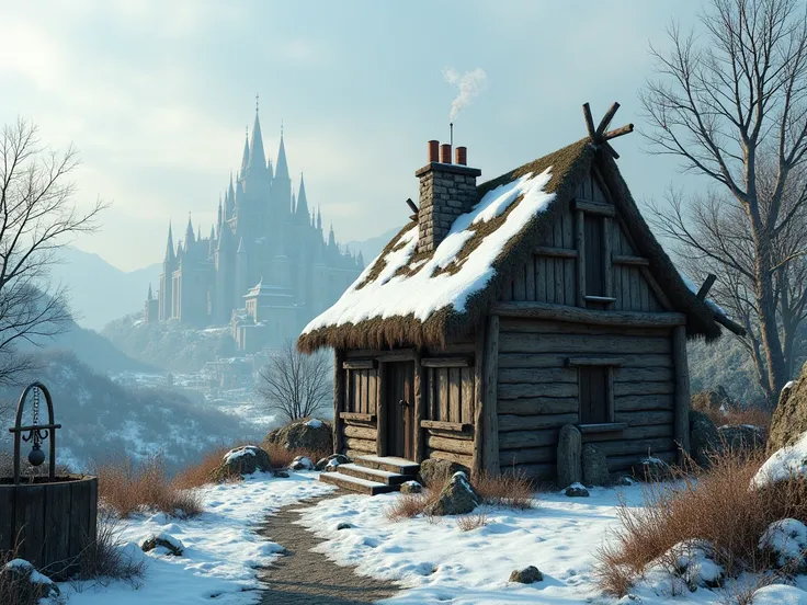 medieval fantasy wooden dirty small house, medieval metropolis background, 8k, masterpiece, medieval winter fantasy atmosphere, medieval appropriate items, image focus on house.