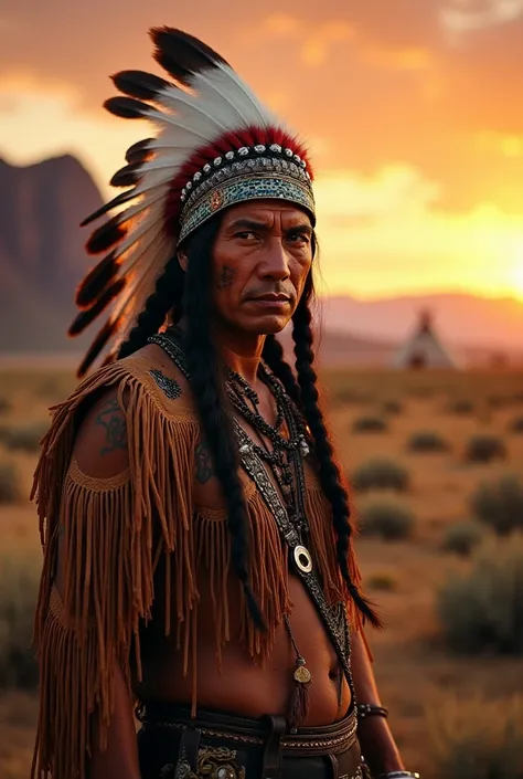 A proud Native American warrior from the Wild West era in the foreground, wearing a traditional feathered headdress with intricate beadwork. His face is painted with symbolic tribal patterns, and he gazes intensely toward the viewer with strength and digni...