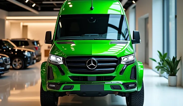 2025 (Rubicon 392 luxury camper van) green shiny front view in showroom