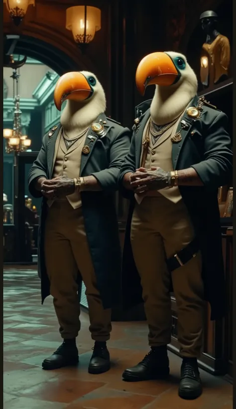 "Two anthropomorphic toucans standing side by side in a luxurious vintage-style lounge. They wear elegant, slightly worn Victorian-era suits, complete with waistcoats, long dark trench coats, and pocket watches. Their large, vibrant orange beaks contrast w...