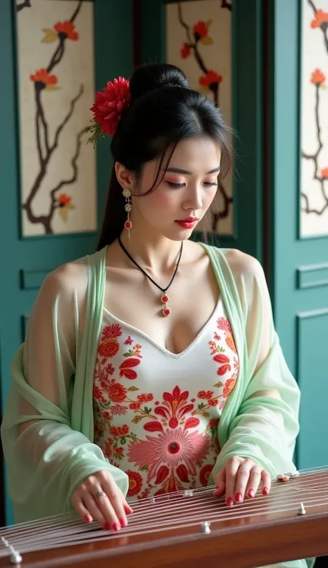 A sexy woman of East Asian ethnicity with big breast, appearing to be in her late twenties to early thirties, is centrally positioned in the image. She is playing a zither (guqin), her hands positioned on the strings. She has shoulder-length, dark black ha...