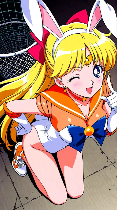 sailor venus, Bunny suit rosa, seen from above , kneeling, leaning forward, From making a wink, net meshes, top sneakers, pless 