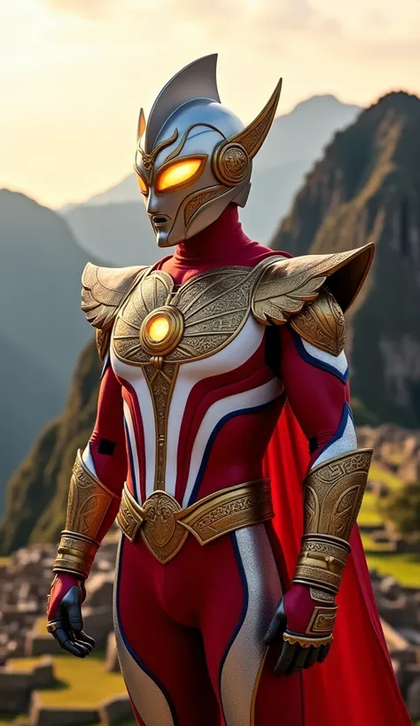 "A majestic Ultraman with sleek armor inspired by the Peruvian flag (red and white), featuring a glowing Incan sun emblem on the chest and intricate patterns reflecting ancient Peruvian art. His helmet is adorned with golden details resembling traditional ...