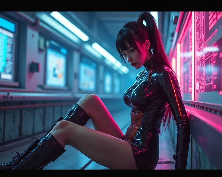 A cute-faced Japanese cyberpunk girl gazes from a powerful low angle in a neon-lit, high-tech interior. She sits confidently in a futuristic bright room, a sophisticated hacker's den, or a Mira corporate surveillance control room. Ambient light emanating f...