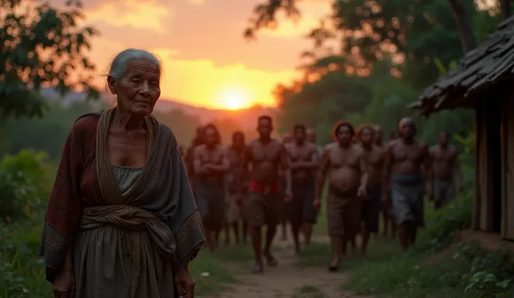 "Zara, an elderly woman with a hunched back, steps out of her small, rustic hut as the evening sky glows in shades of orange and purple, the sun sinking toward the horizon. She wears a simple, patched shawl draped over her shoulders and a long, faded dress...