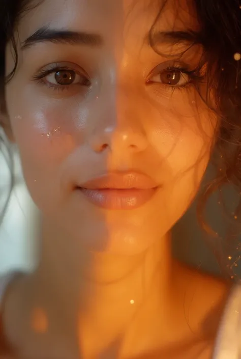 A split-screen close-up of a young Indian woman’s face, one side appearing dull, tired, and uneven, the other side glowing, smooth, and radiant. Soft golden light enhancing the healthy glow. The background is blurred, with subtle sparkles on the glowing si...