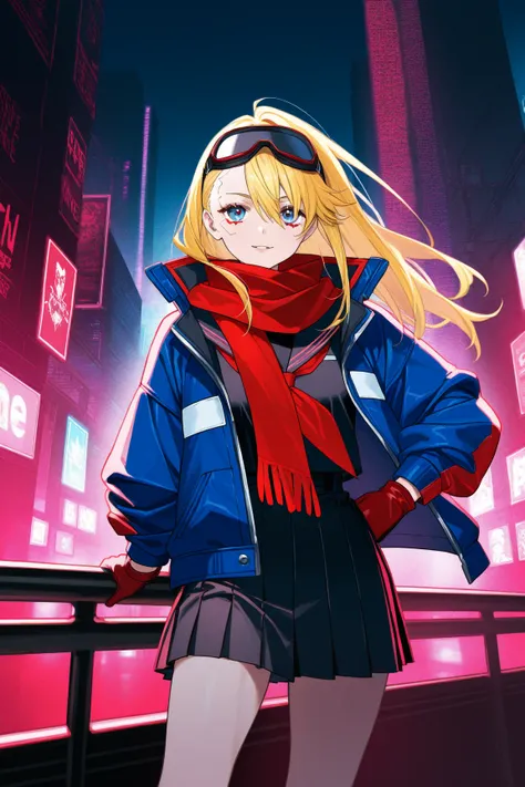  One Girl、 blonde、 long hair、biker goggles on head、 black sailor suit、Red sailor scarf、black short pleated skirt、 oversized jacket、blue and white jacket 、Rolling up his sleeves、 red and black biker gloves、red and black biker boots、 Cyberpunk Backgrounds、