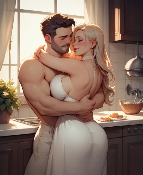 Father, molesting his daughter in the kitchen, hugging her from behind, big breasts, white dress, very romantic,