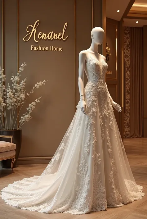 A luxurious fashion home with mannequin wearing a wedding garment and the brand name boldly written on the wall HANANEL FASHION HOME 