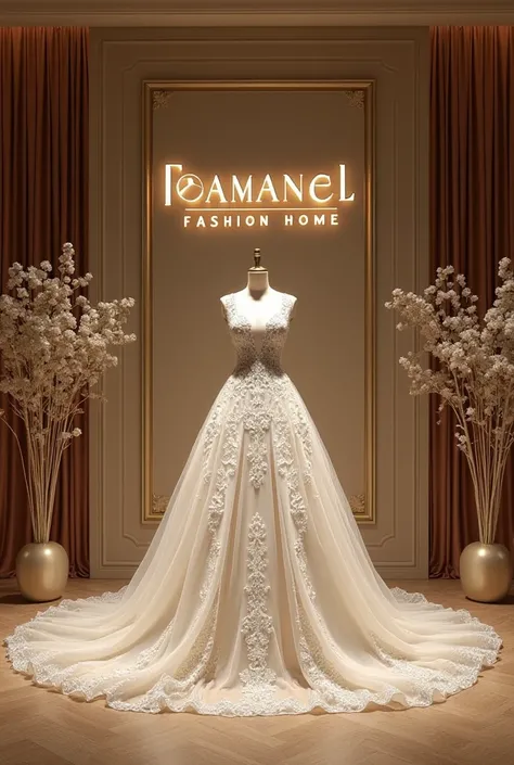 A luxurious fashion home with mannequin wearing a wedding garment and the brand name boldly written on the wall HANANEL FASHION HOME 