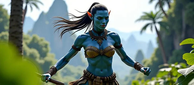 A Na'vi with a skin breast cover character from the movie Avatar in action