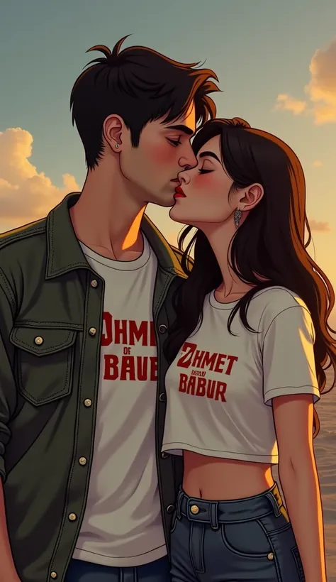 Kurdish couple 25 year old boy's t-shirt Ahmetbabur with big and bold letters on 29 year old girl's t-shirt sahra Babur dressed in lighter crop summer as well as Disney character in big boned hard jacket with big bones crop göbeği daha açık pantolon  Blue ...