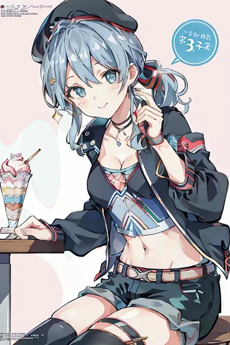 (from below:1.2),(from side:0.9), ((cute Face)), (Close-Up:0.6), ((looking at viewer, holding a icecream)),(Italian sweets magazine cover:1.4), highest quality、(real、photorealistic:1.5),(ultra high resolution,dark blue hair,long hair,side ponytail,hair bet...