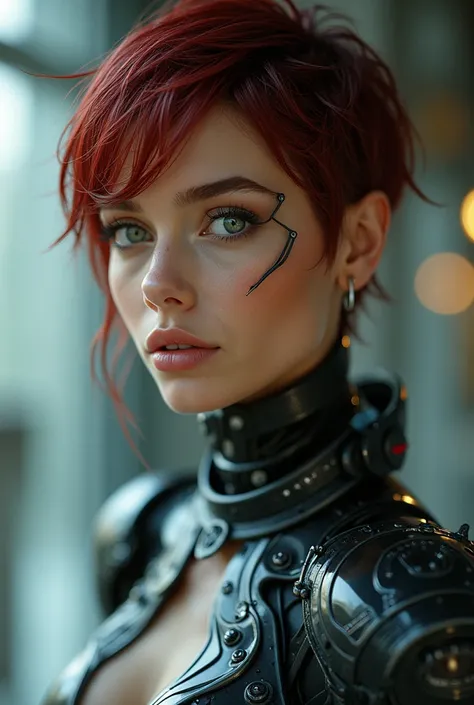 Very attractive caucasian English female Cyborg with short pixie cut dark red wet slicked back hair, aged 27 years, full length