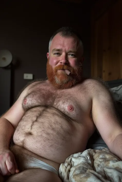 Tio Hank,  lives alone in a cabin in the woods , happy, rustic man,  60 years old,  Red and gray hair , a carpenter ,  with a big belly ,  a lot of hair on the chest ,  a big bulky cock . His eyes are deep ,  thick eyebrows ,  has a short red and gray bear...