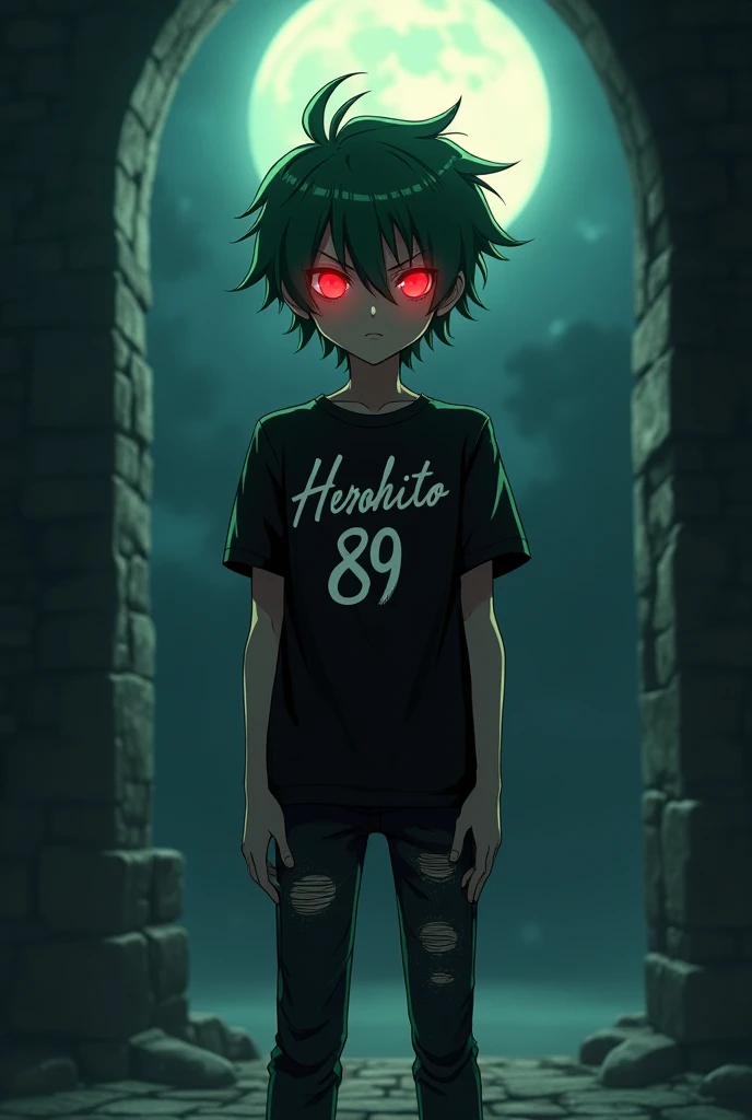 a green long hairef young vampire dark malevolent boy with glowing red eyes, wearing balck t-shirt with a solid cursive text "HEROHITO 89" the letters shoul be in white color, a black tattered jeans and a sneakers, in dark ancient castle and a full moon il...