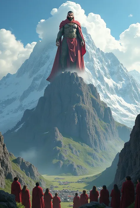 Make this Namrood standing on a mountain and looking downward to people worshipping him