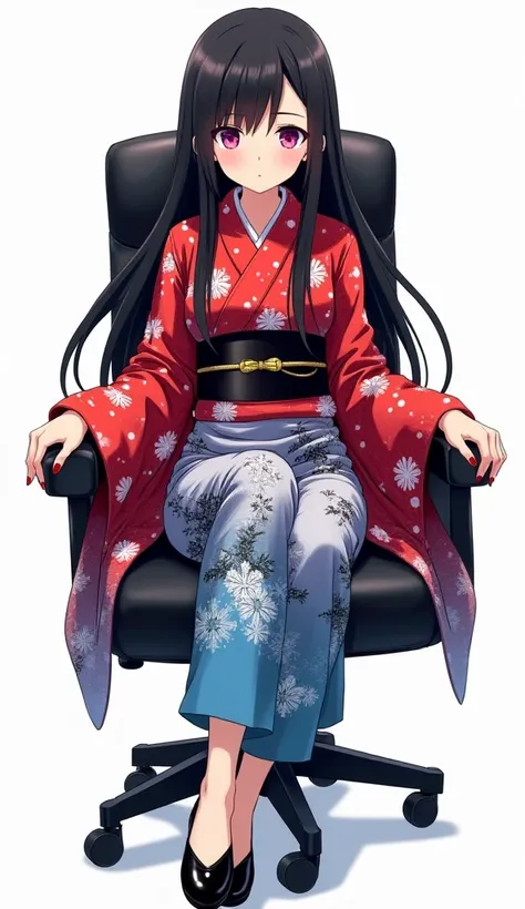  Japanese anime adolescent woman with long black hair and intense magenta eyes and red nails and wears a shiny yukata that is mainly red in color with a pattern of white dots that simulate snowflakes.  The lower part has a blue gradient that is combined wi...