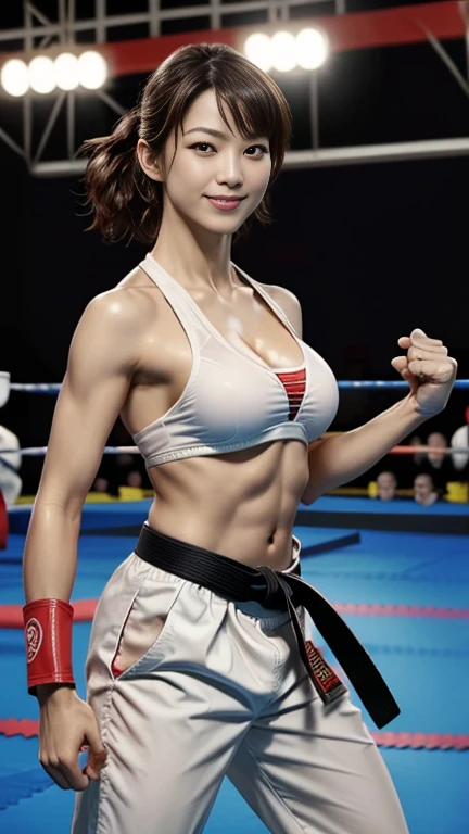  top quality, masterpiece,  super high resolution,  Nudikos、Porno Kos 、 cleft、( photorealistic:1.4),   S212  ,, Chest, Karate Suit,  Karate Suit ,  drums, Karate Pants, Black Belt, テコンドーkick, martial arts,   medium breast,  thin waist,   Shiny Skin,  bewit...