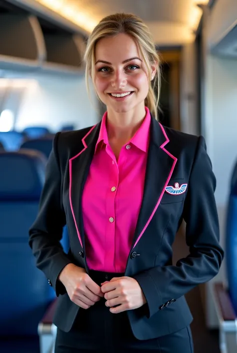  Young woman,  flight attendant,  poses in a professional uniform .   Light coffee skin tone ,  Young woman,   age approximately 20-25 years .   She wears a bright pink shirt with dark blue stripes on the edges.   The shirt shows neat , straight lines .  S...