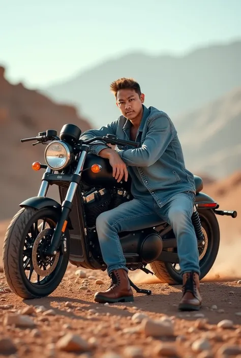 masterpiece, UHD, HIGH QUALITY, very DETAIL, a handsome man with short and spiky hair, wearing casual denim clothes, leather boots, sitting on rocky ground and leaning on a motorbike, next to a new Harley Davidson motorbike, focused on the camera, taken fr...