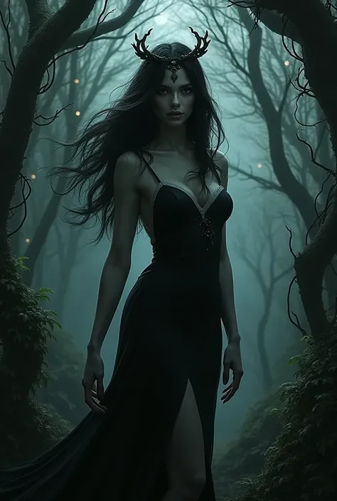 Goddess of death, cursed to become a Forrest of betrayal, dark hair, sexy goddess dress with splits up both sides, crown of thorns, dark eyes