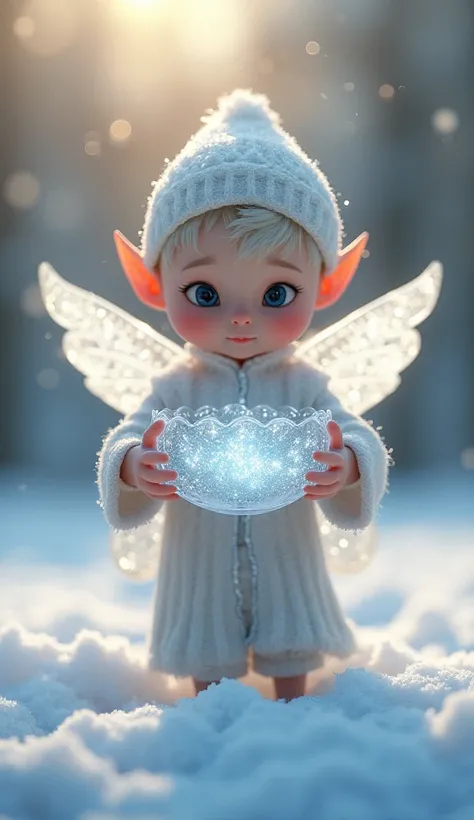 Snow elf boy small and fragile, with transparent wings ,  sparkling like frozen dew in the morning sun, holds a magic crystal bowl of sparkling snowflakes in his hands. Ultra high definition ,  Main detail,  quality,  high detail, HD model,  3D rendering ,...