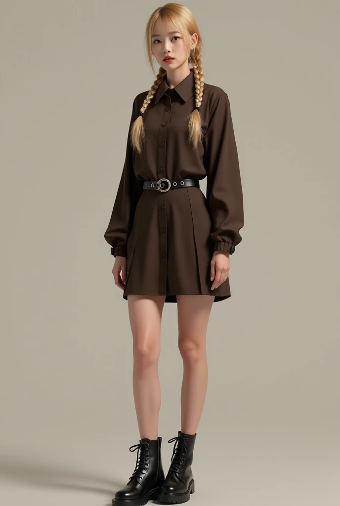 A realistic kpop girl in blonde brais hair wearing a dark brown shirt top with dark brown skirt with circle belt and black boots in plain background 