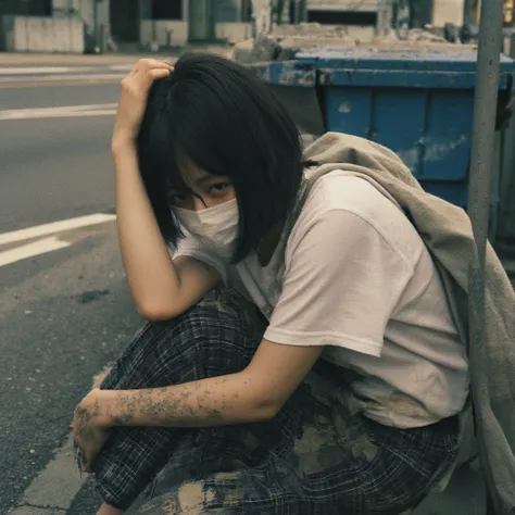  middle school girl, single eyelids ,long trimmed bangs, semi-long bob ,I'm wearing a dirty white mask, dirty white t-shirt, Snapshot, rough skin,Dirty Skin,Sidewalk dumpster , taken from the side,Exhausted,dirty black checked pants ,Shinjuku