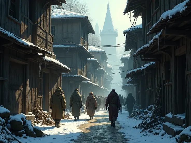 Medieval city tight alley, poor wooden houses on a poor dirty alley inside a medieval metropolis, medieval people walking around, 8k, masterpiece, medieval winter fantasy atmosphere.