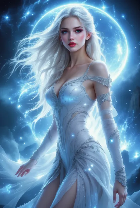 Идеальный masterpiece, 8 k, best quality, complicated details, bright colors , fantasy style, elf girl with beautiful body shapes , sexy and seductive in a beautiful thin snow-white outfit with emitting silvery flickering, marvelous moonlit night , ...