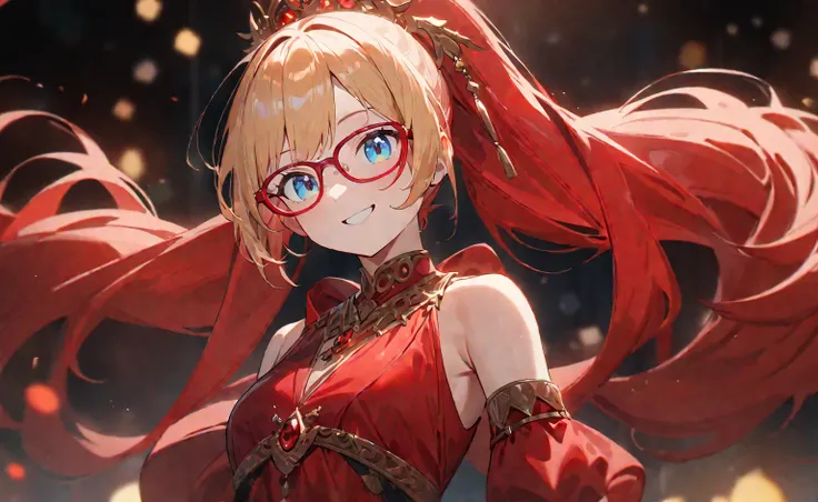 ((( one girl))),  blonde,  ponytail、pink belly dance costume、 red glasses, ( upper body), ( look at the viewers),  ager,  head tilt:1.3, (((blue eyes))), ((Happy smile)),  anime style, ( top quality, 4K, 8k,  high resolution, masterpiece:1.2,  more details...